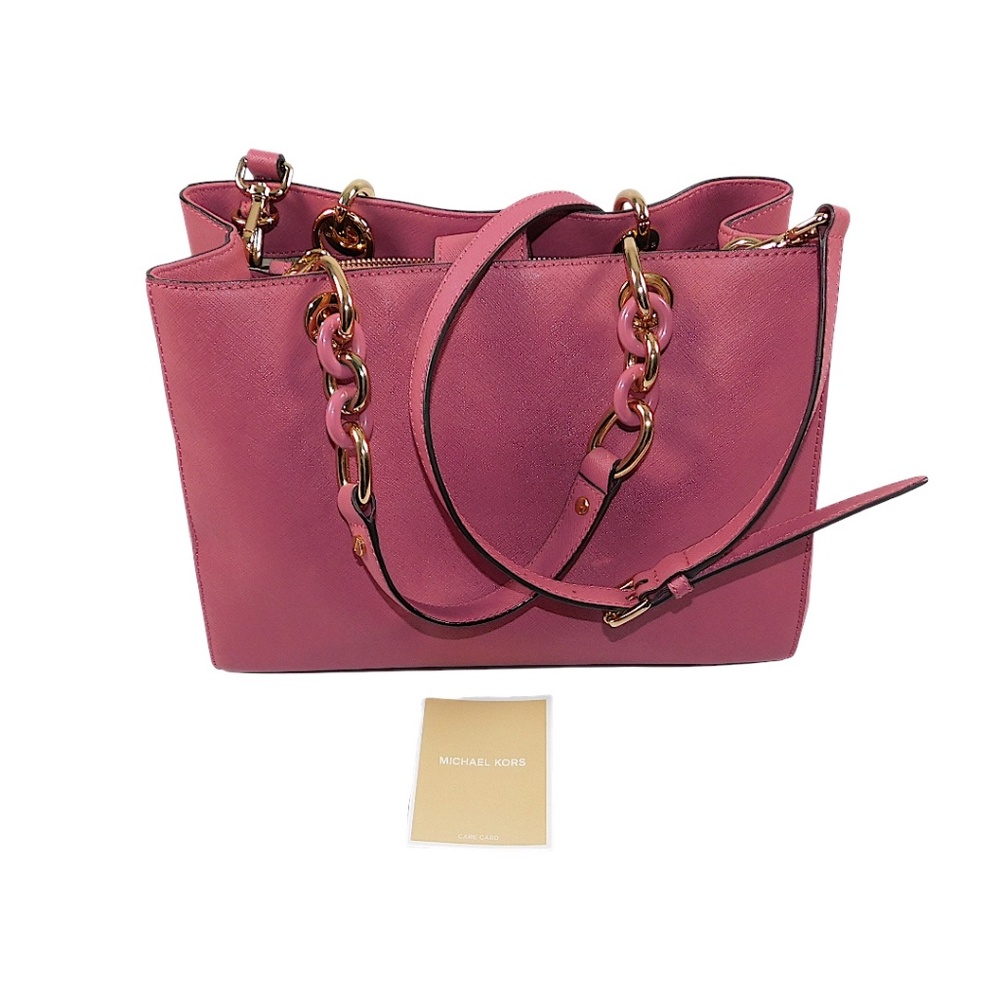 Michael Kors Pink Saffiano Leather Tote Bag Gold Chain‎ Shoulder Crossbody
